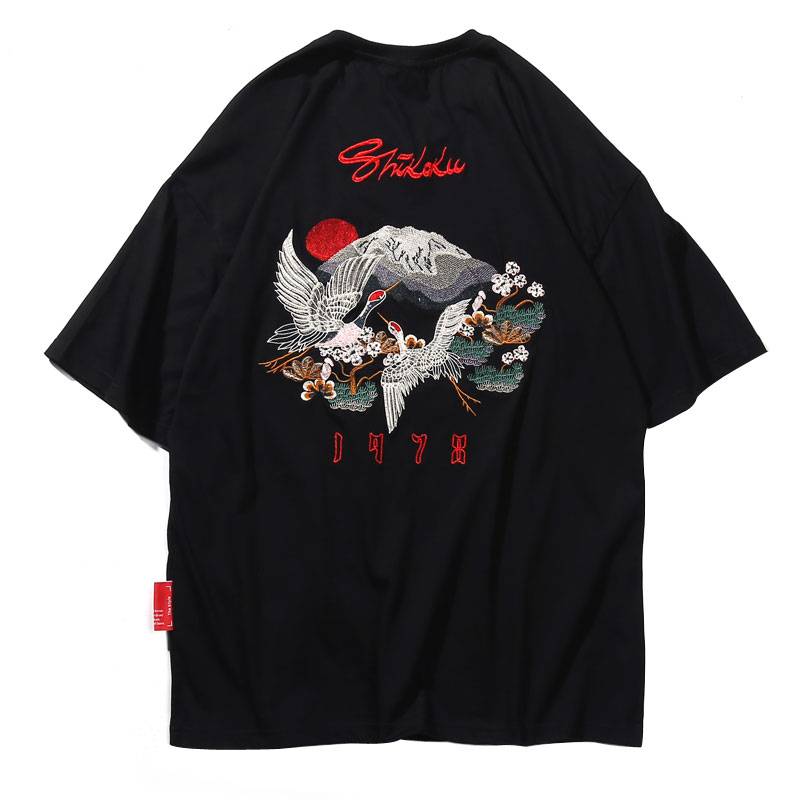 Men's Japanese Style Crane Embroidery T-Shirt Men's Clothing & Accessories Tops & Tees 