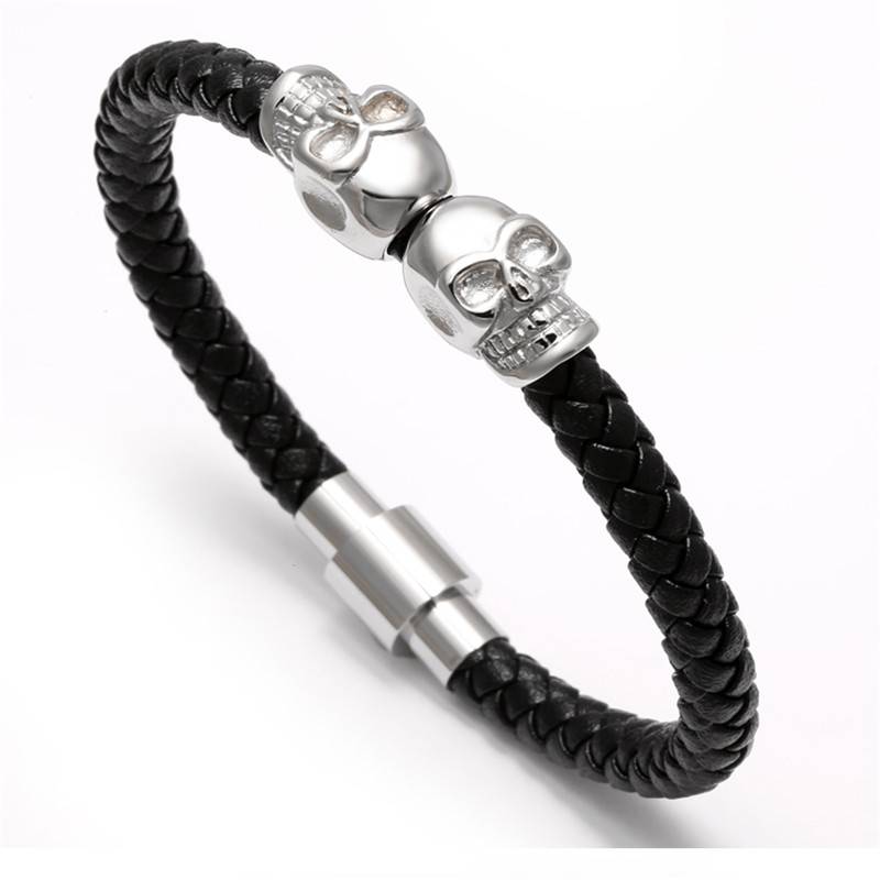 Rock Style Leather Men's Bracelet with Titanium Skulls Bracelets Men Jewelry 