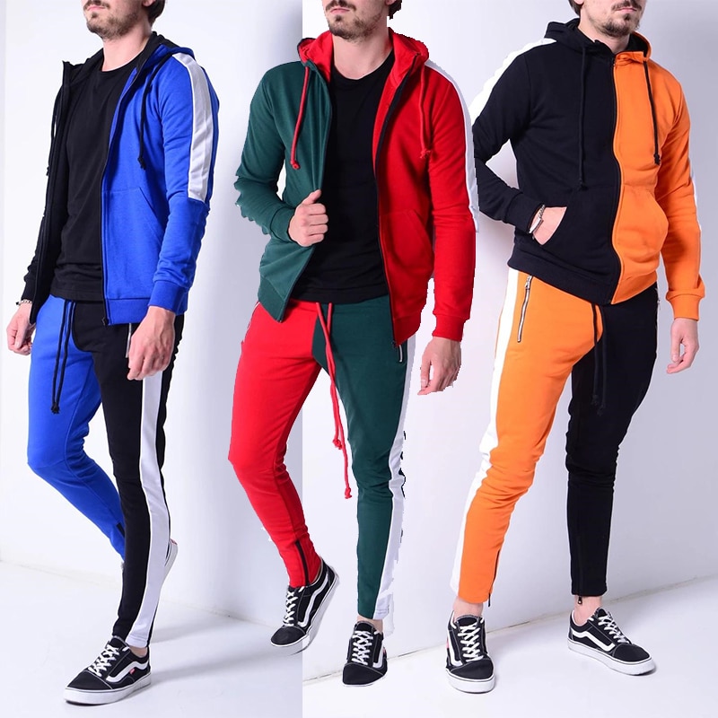 Contrast Color Men's Hooded Tracksuit Tracksuits 