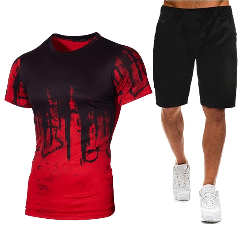 Men's 2 Piece Spraypaint Effect Short Set Men Sport Clothing Sport Clothing Sets Color: Red Set Size: S|M|L|XL|2XL|3XL|4XL 