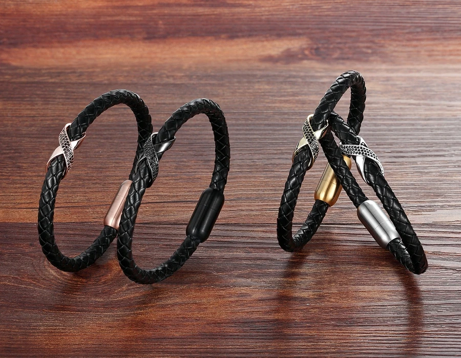 Leather Bracelet Cross Slide Design with Magnetic Buckle