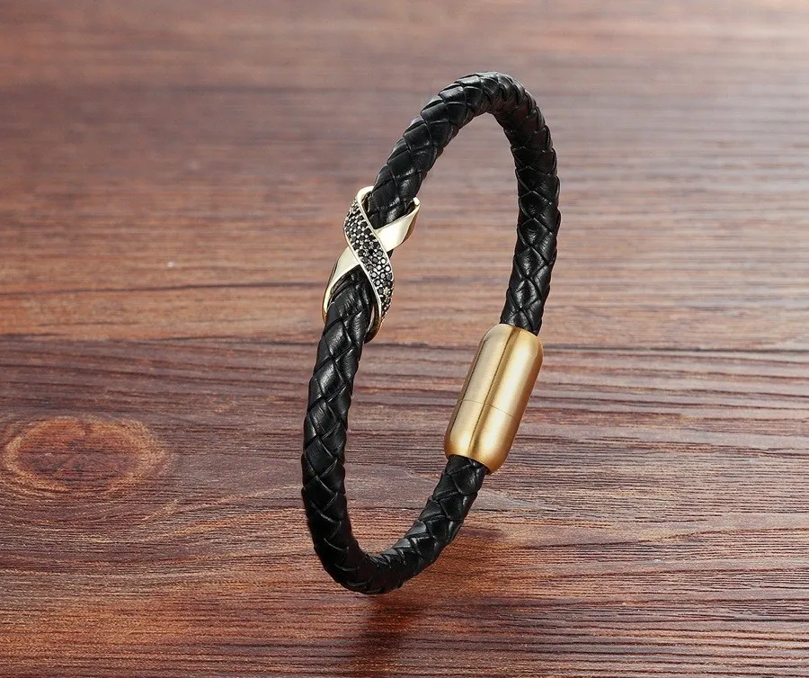 Leather Bracelet Cross Slide Design with Magnetic Buckle