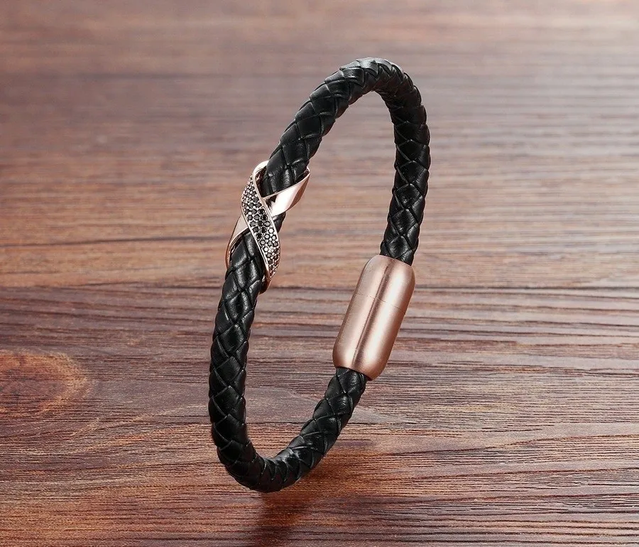 Leather Bracelet Cross Slide Design with Magnetic Buckle