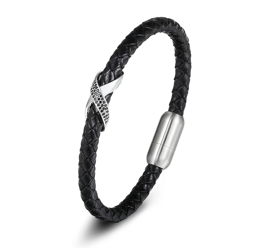Leather Bracelet Cross Slide Design with Magnetic Buckle