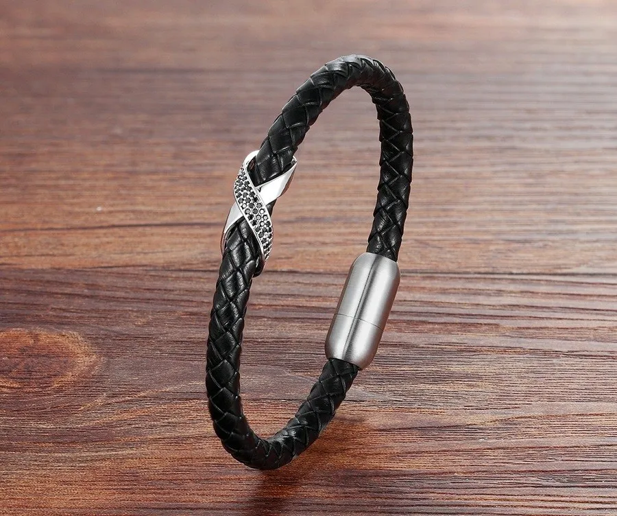 Leather Bracelet Cross Slide Design with Magnetic Buckle
