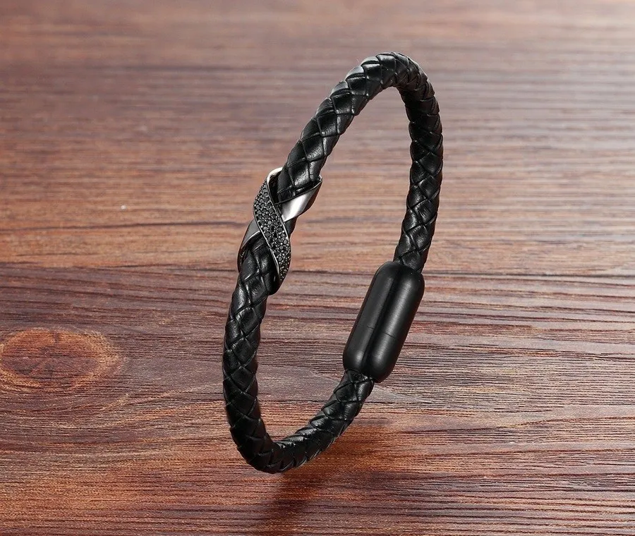 Leather Bracelet Cross Slide Design with Magnetic Buckle