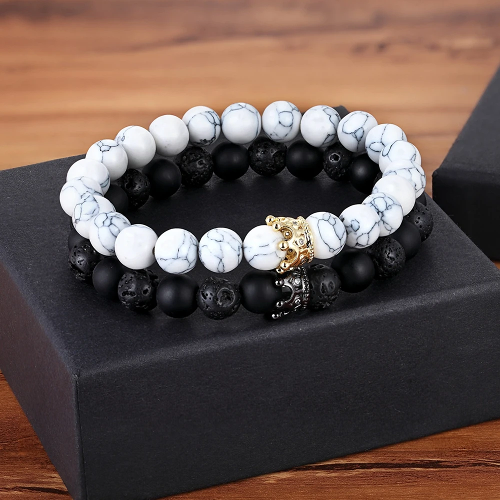 Lava & Matte Onyx Stone with Crown Accessories Beads Bracelet Bracelets Jewelry 