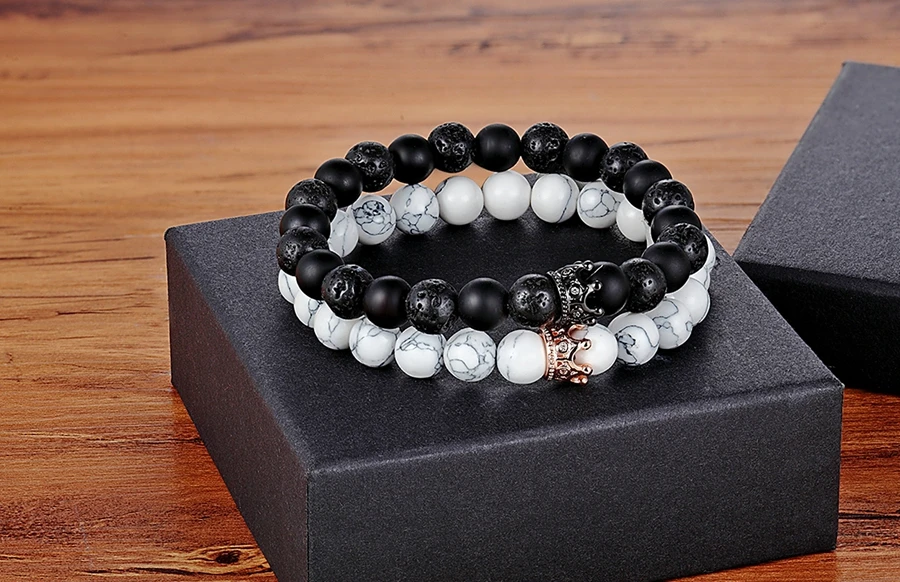 Lava & Matte Onyx Stone with Crown Accessories Beads Bracelet