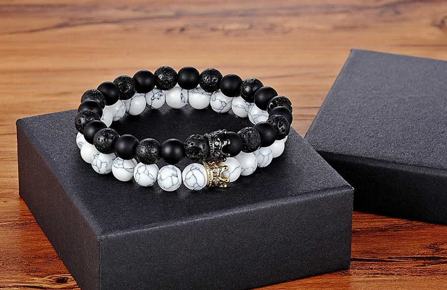 Lava & Matte Onyx Stone with Crown Accessories Beads Bracelet