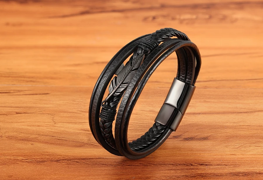 Multilayer Leather Braided Rope Bangle with Stainless Steel Feather Leaf