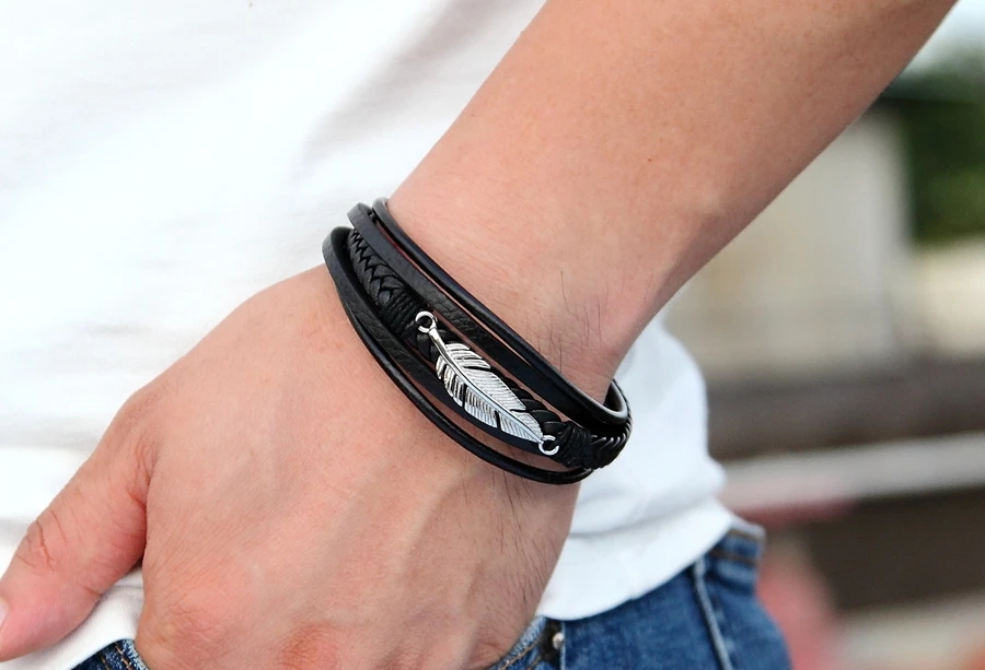 Multilayer Leather Braided Rope Bangle with Stainless Steel Feather Leaf