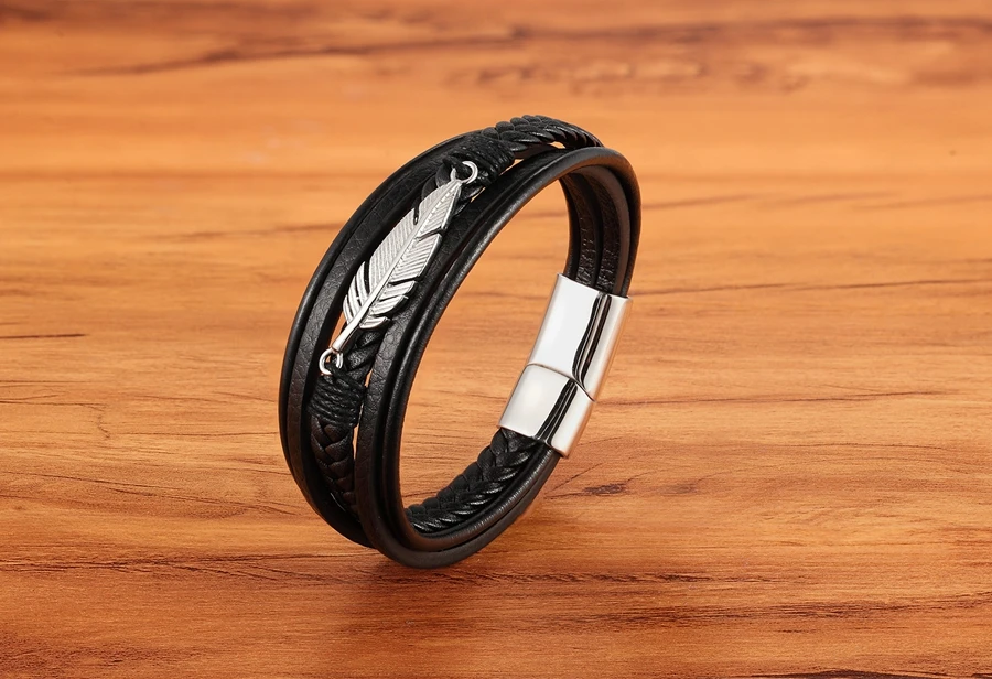 Multilayer Leather Braided Rope Bangle with Stainless Steel Feather Leaf