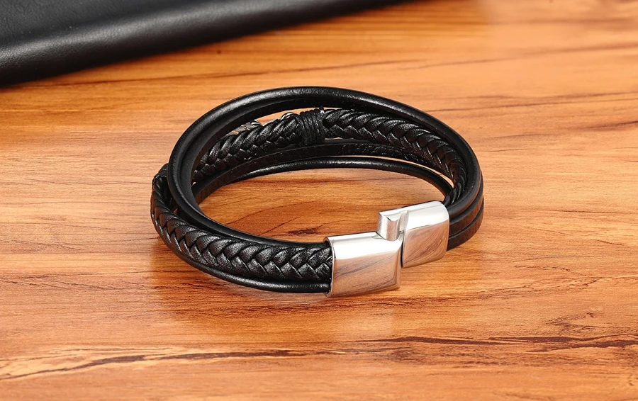 Multilayer Leather Braided Rope Bangle with Stainless Steel Feather Leaf
