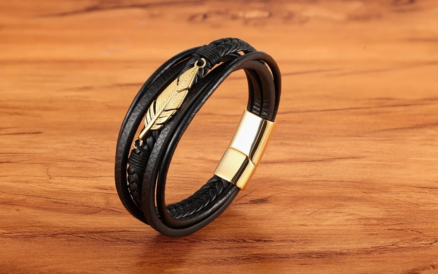 Multilayer Leather Braided Rope Bangle with Stainless Steel Feather Leaf
