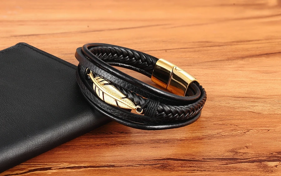 Multilayer Leather Braided Rope Bangle with Stainless Steel Feather Leaf