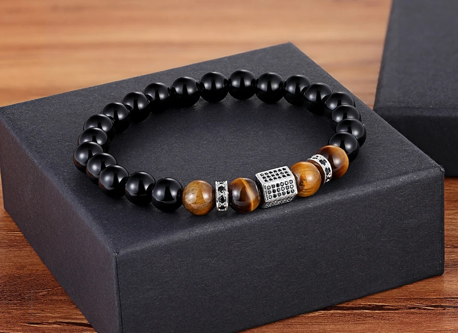 Matte Onyx Stone & Tiger Eye Combination Elastic Bracelet