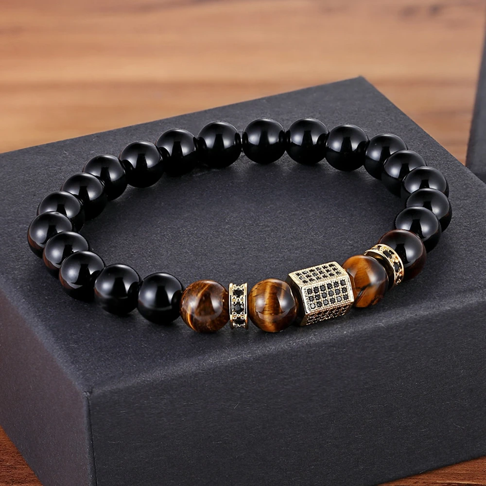 Matte Onyx Stone & Tiger Eye Combination Elastic Bracelet Bracelets Jewelry 