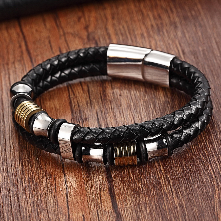 Genuine Leather Bracelet for Men with Steel Decor Bracelets Men Jewelry 