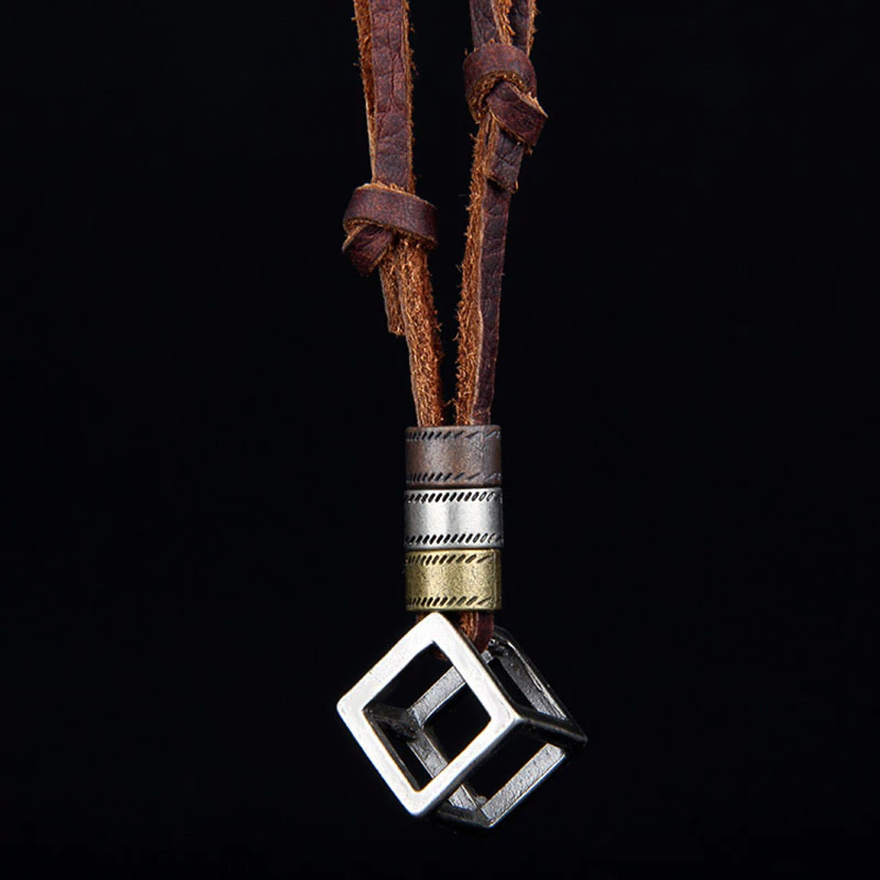 Leather Necklace for Men with Metal Cube Pendant Men Jewelry Necklaces 