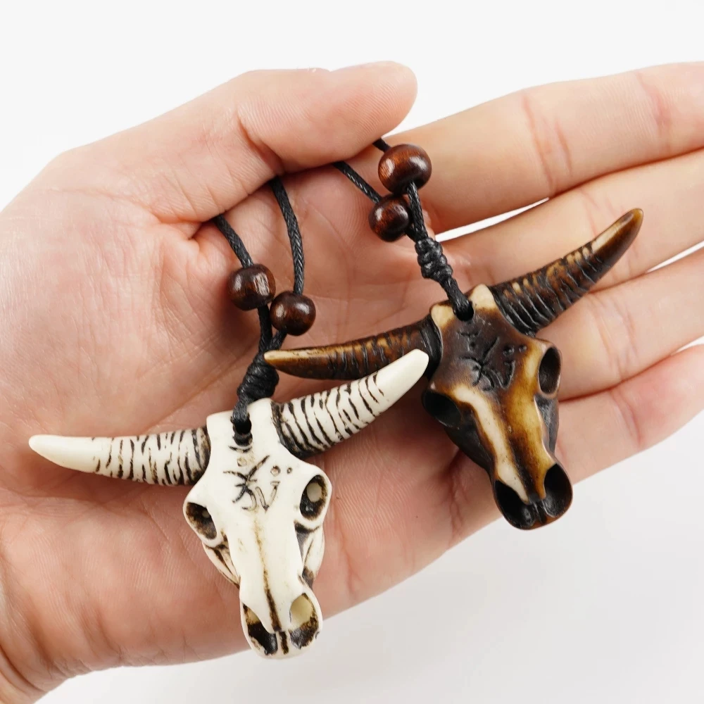 Tribal Necklace for Men with Bull Skull Pendant Necklaces 